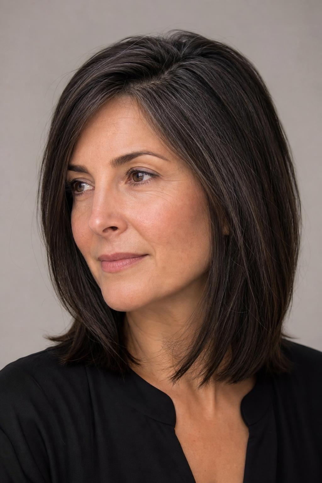 Espresso Brunette Demi-Gloss Softly Blending Early Grays into a Cool Dark Base on Straight Hair