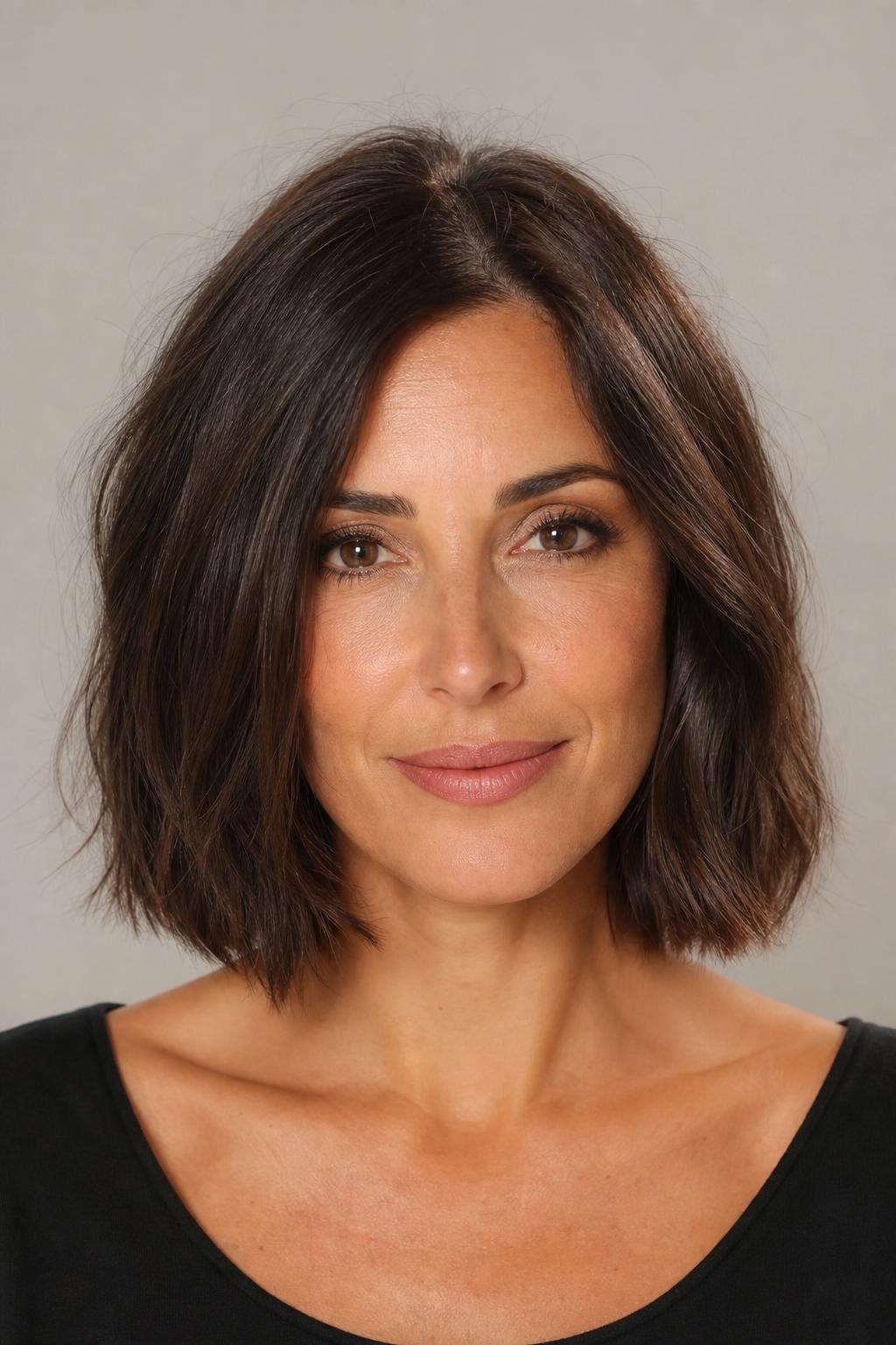 Espresso Brunette Collarbone-Length Lob with Soft Modern Movement on Straight Hair