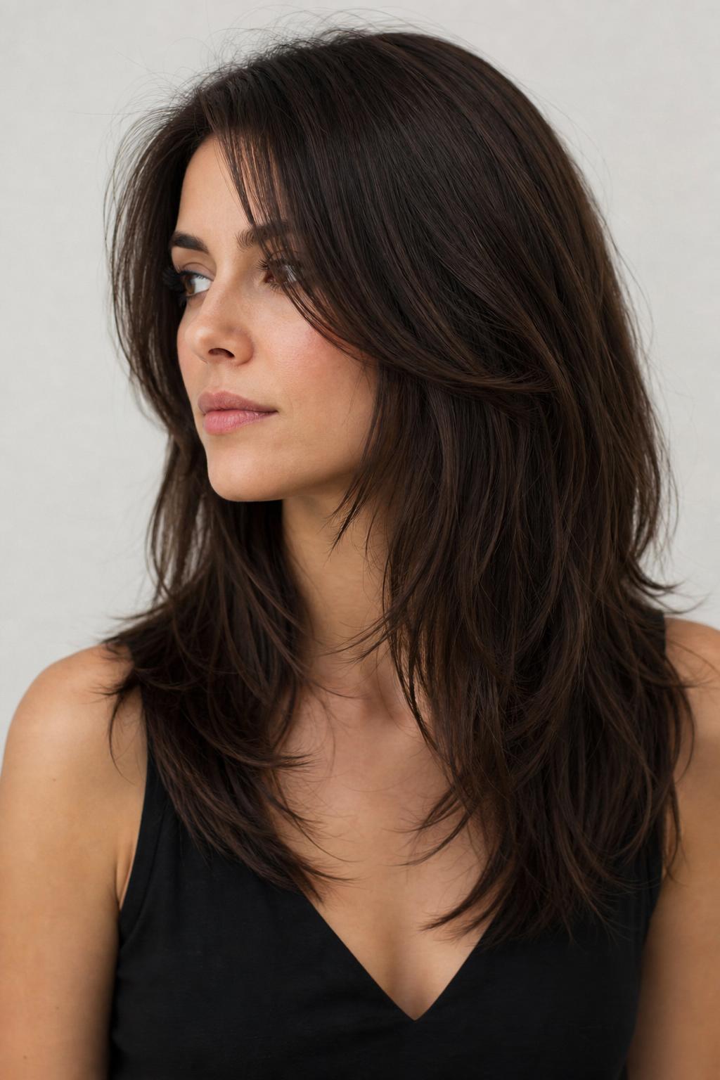 Espresso Brunette on Long Layered Hair with Natural Shifting Depth and Movement