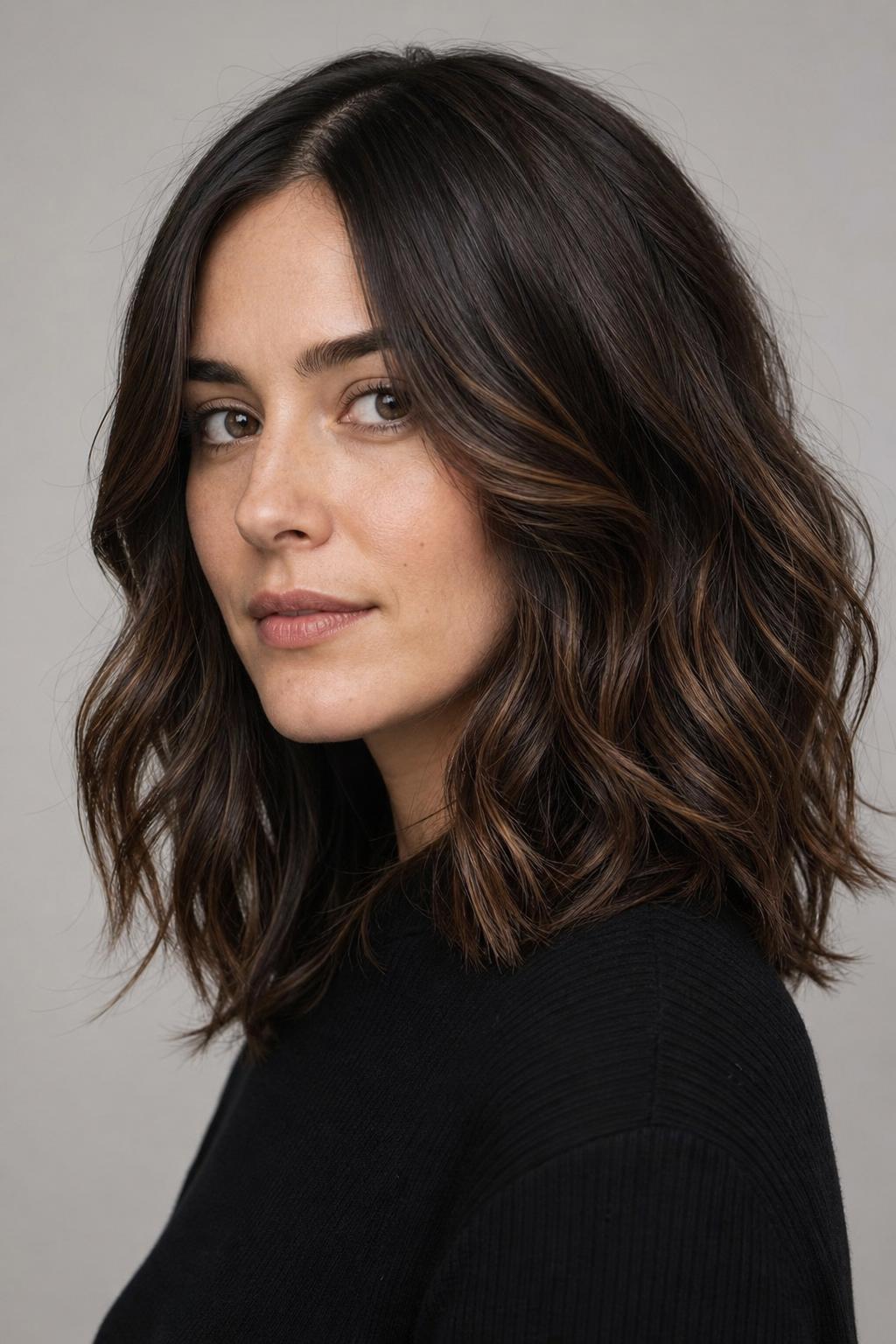 Espresso Martini Brown with Faint Caramel Ribbons Through a Dark Base on Wavy Hair