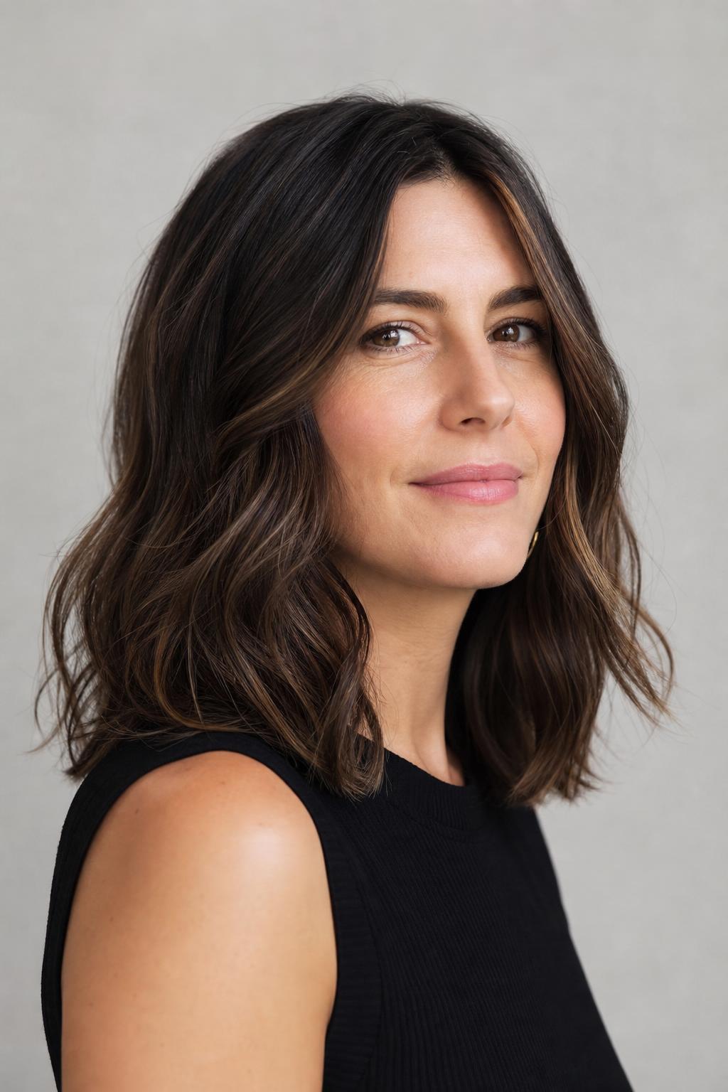 Espresso Brunette with Fine Warm Honey-Brown Babylights Scattered Through the Base on Wavy Hair