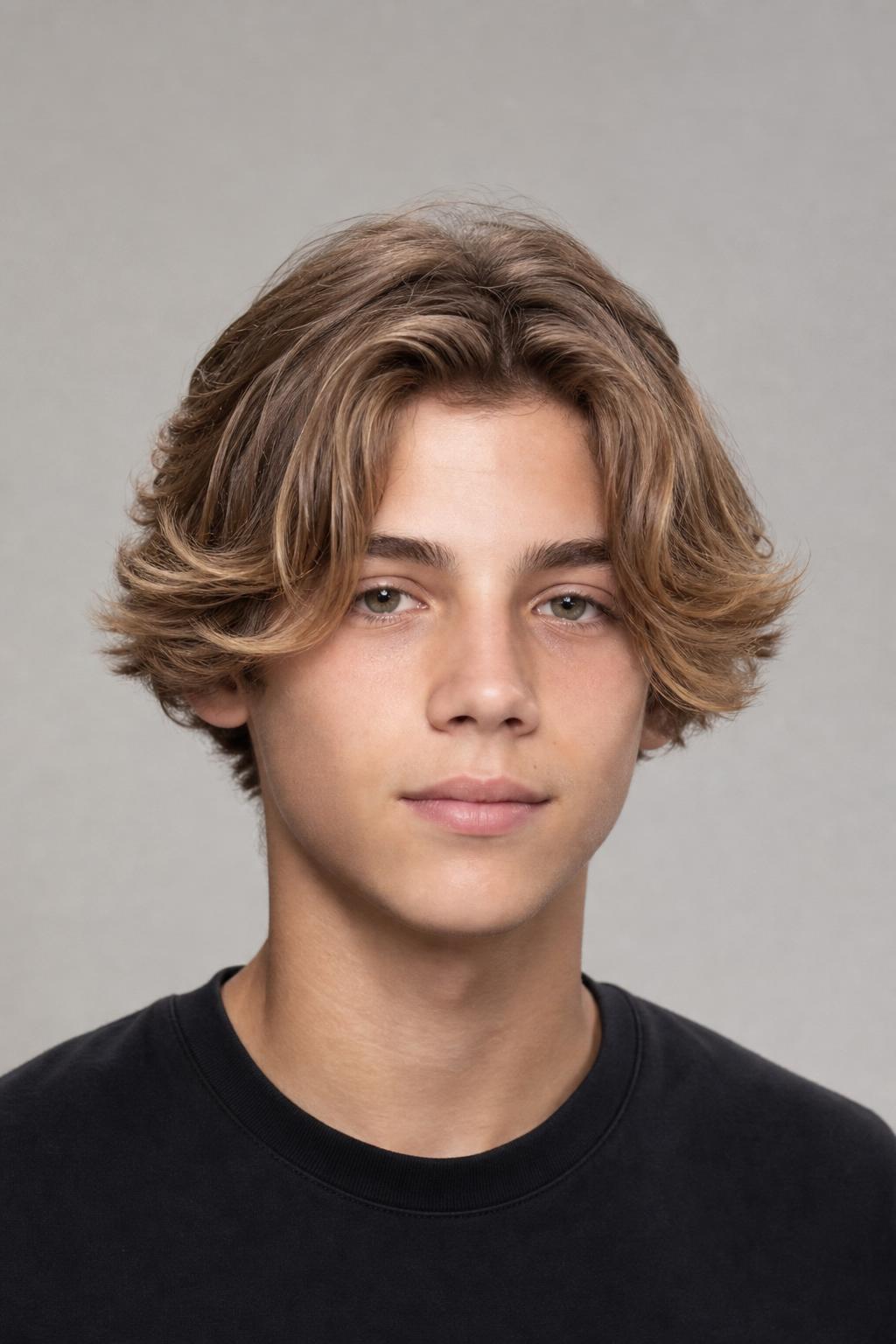 Long Fluffy Curtains Grazing the Cheekbones on a Teen Boy