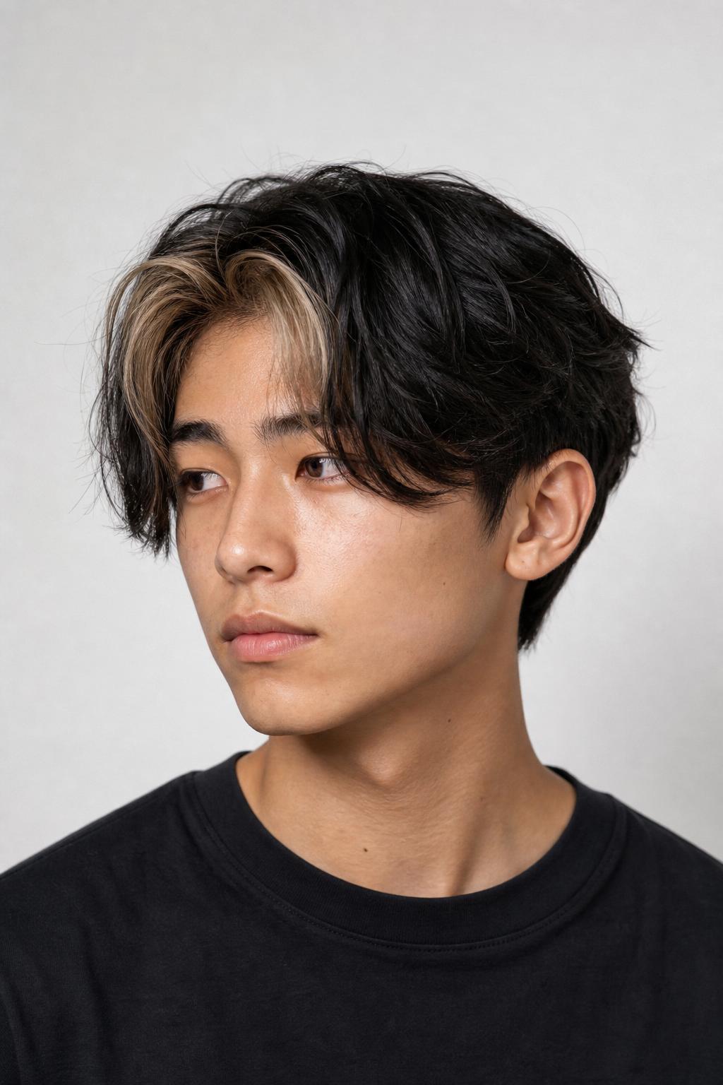 E-Boy Fluffy Hair with a Colored Fringe and Center Part on a Teen