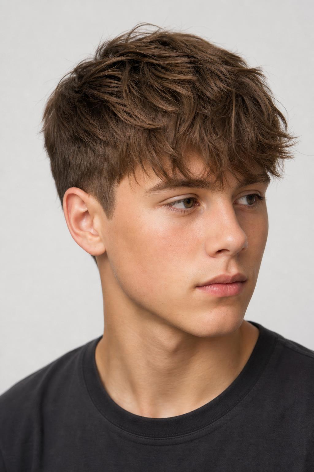 Fluffy Textured Fringe Swept Forward on a Young Boy
