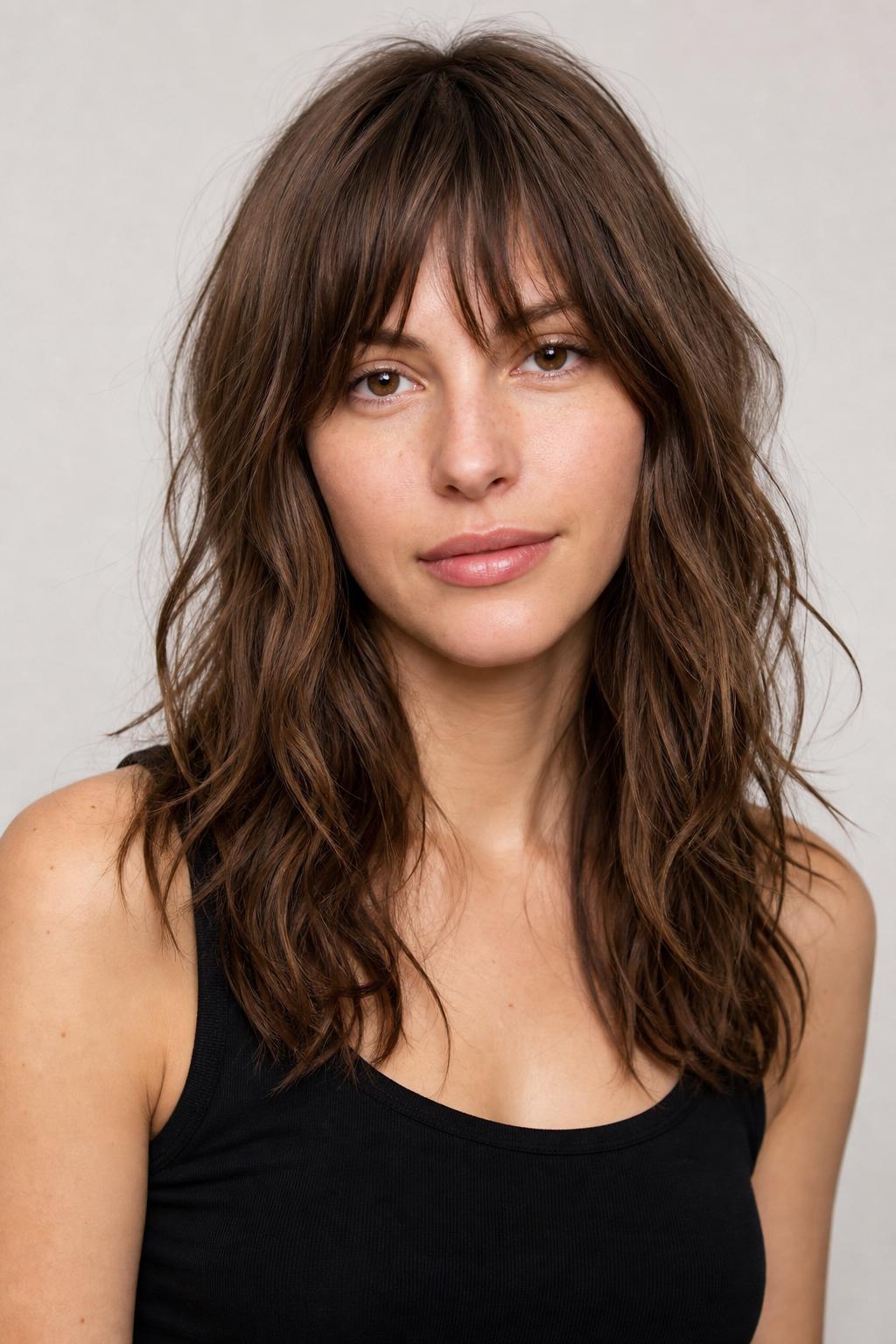 Air-Dried Piece-y French Fringe with Imperfect Separation on Tousled Brown Hair