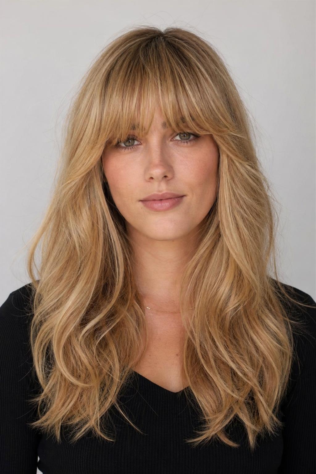 Full Bardot-Inspired French Fringe with Feathered Ends on Thick Honey Blonde Hair
