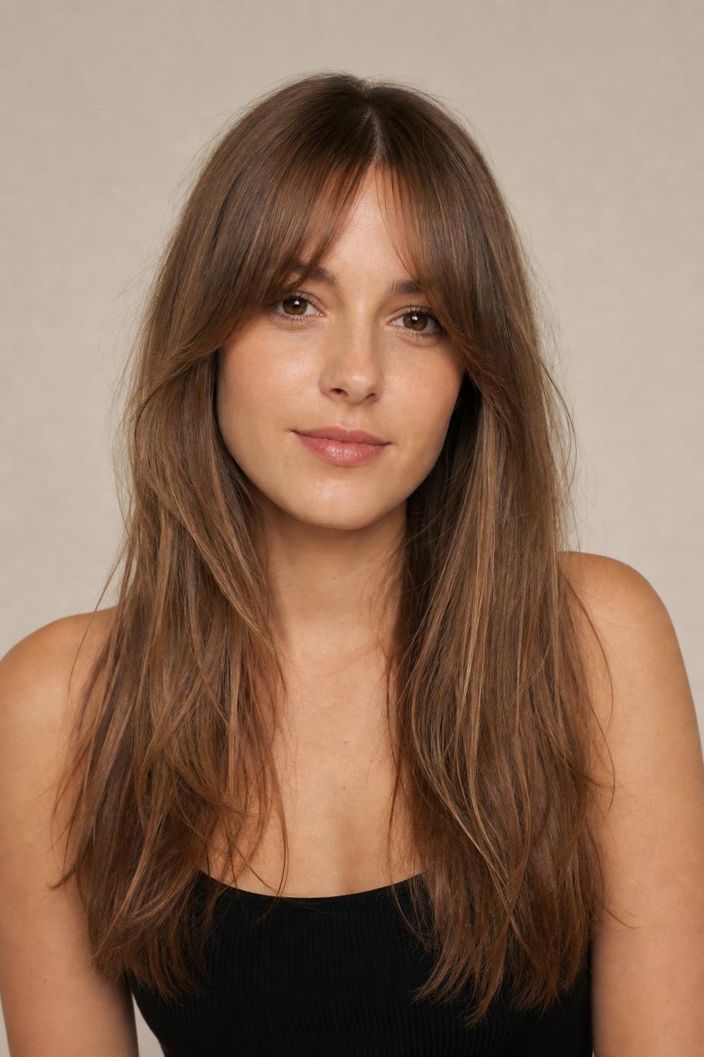 Piece-y French Fringe with Soft Center Split on Long Light Brown Hair