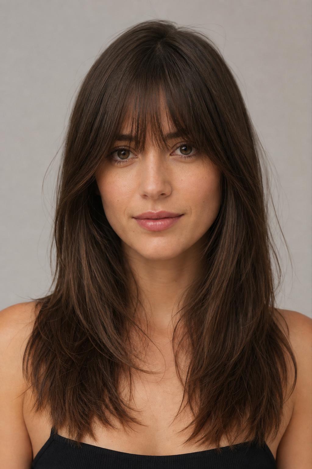 Classic Wispy French Fringe with Feathered Ends on Medium Chestnut Hair