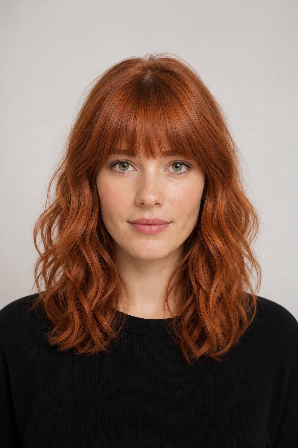 Bright Warm Copper French Fringe on Medium-Length Wavy Hair