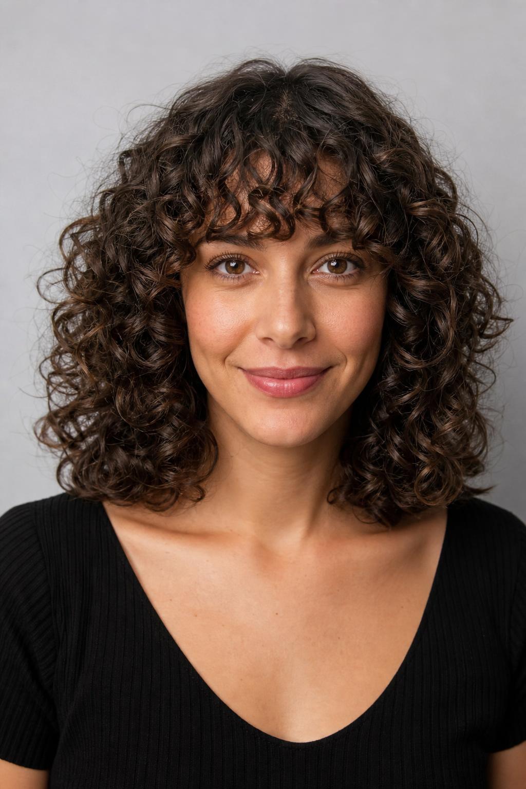 Curly French Fringe with Rounded Spirals Framing the Forehead on Dark Brown Hair