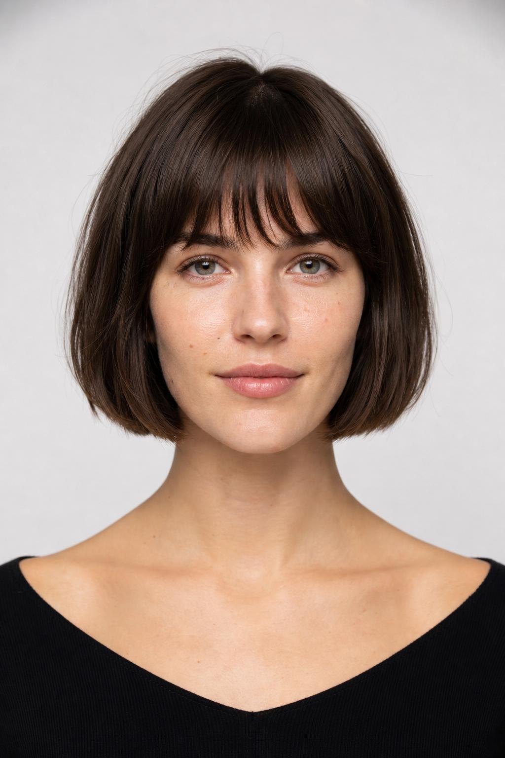 Chin-Length French Bob with a Soft Feathered Fringe on Dark Brown Hair
