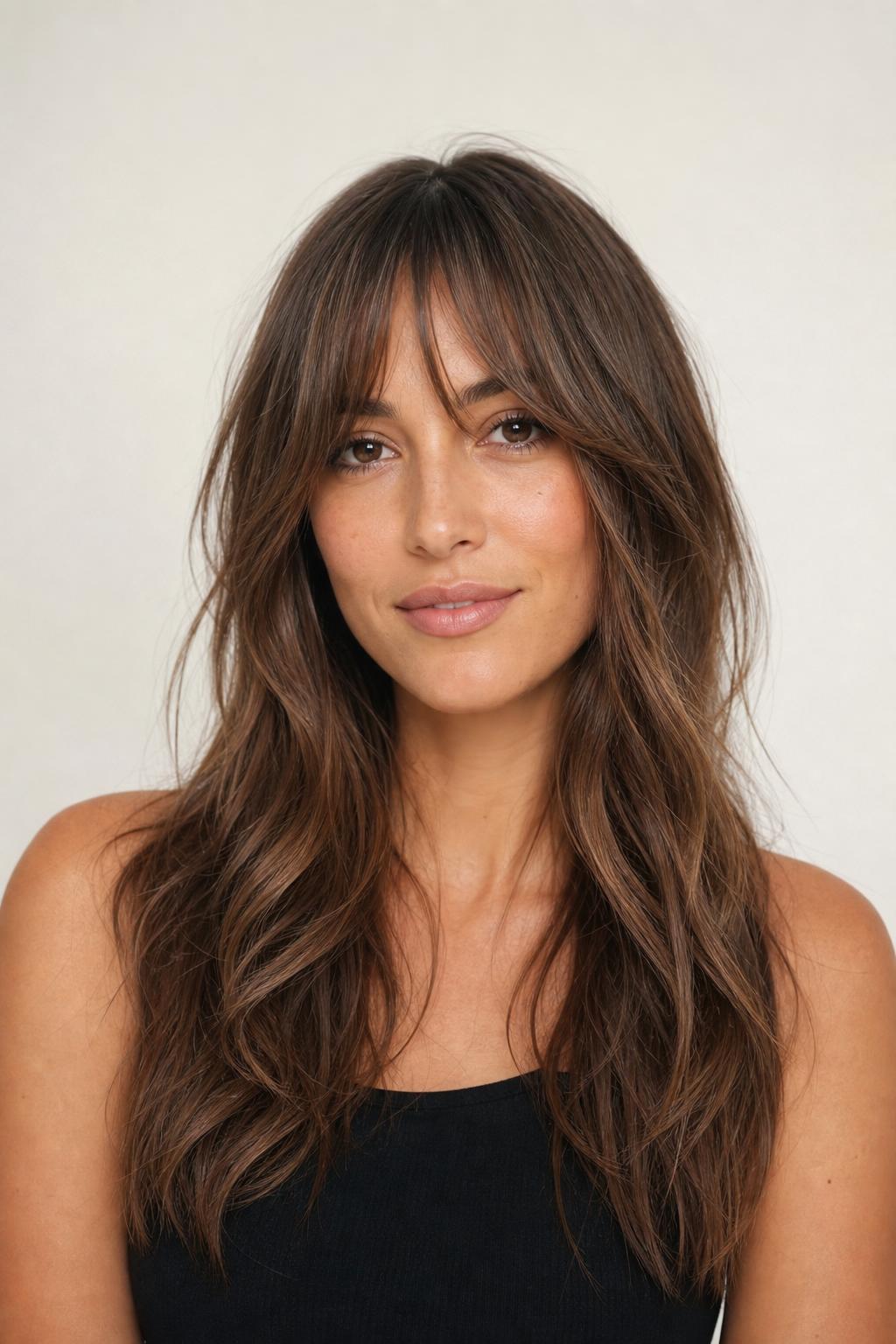 Longer French Fringe Skimming the Lashes on Wavy Medium Brown Hair