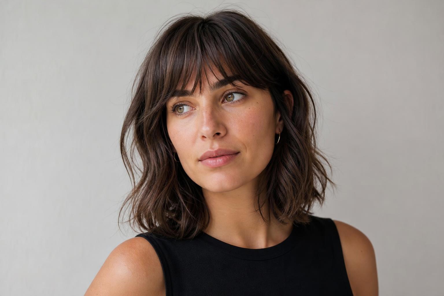 Soft Wispy French Fringe with Feathered Ends and Loose Tousled Waves on Brunette Hair