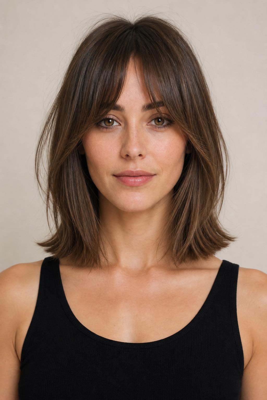 Collarbone Lob with a Long Grown-Out French Fringe on Straight Brown Hair