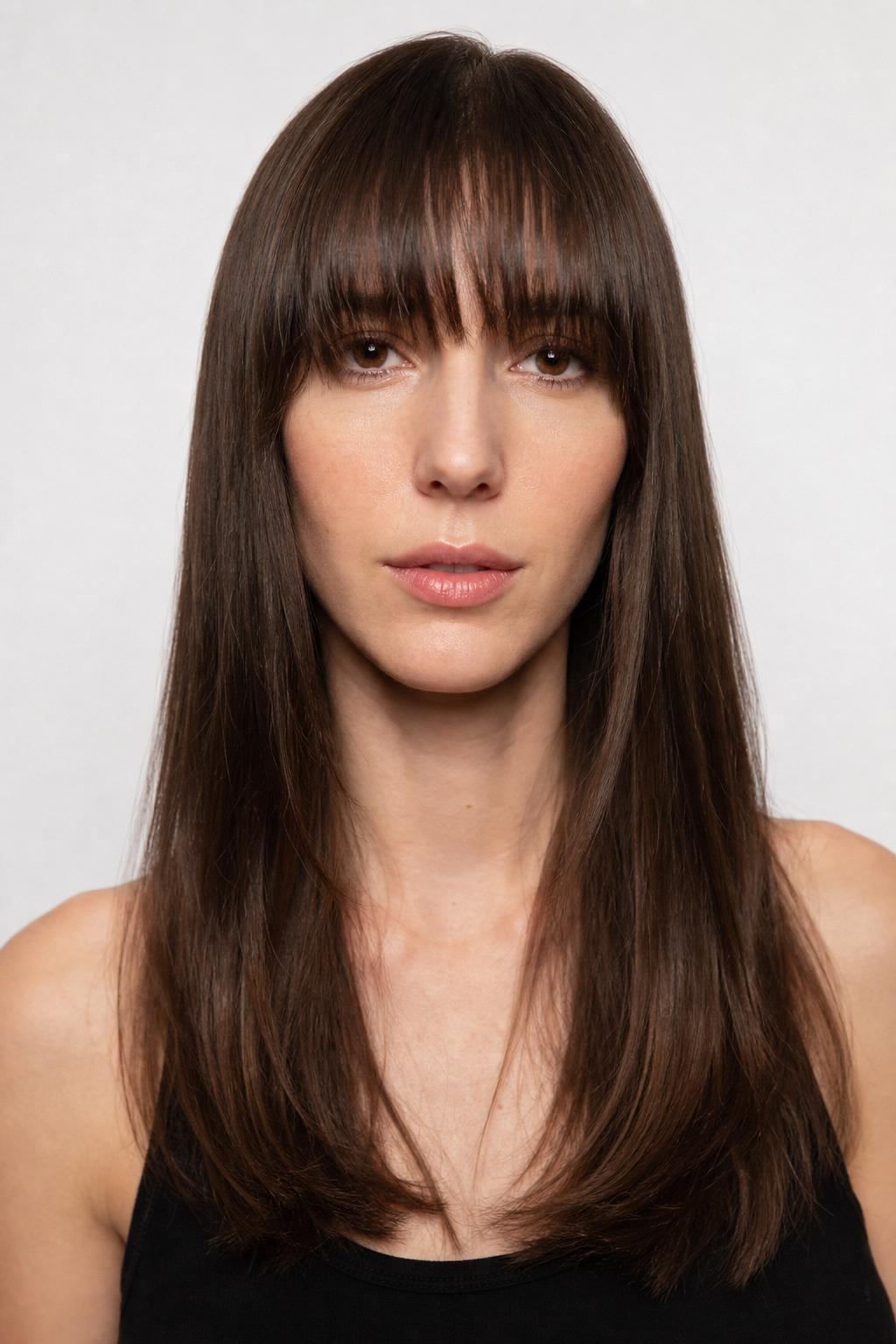 Fuller Low French Fringe Covering the Forehead on Long Straight Brown Hair