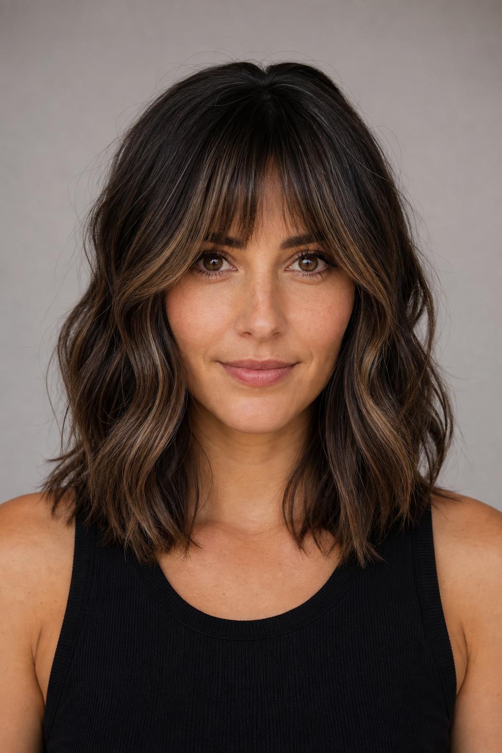 Money-Piece Balayage Framing a French Fringe on Dark Brown Wavy Hair