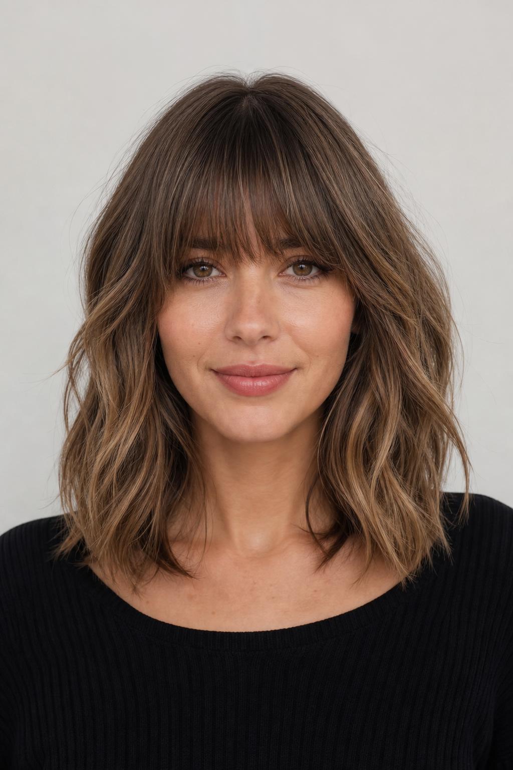 Brow-Grazing French Fringe with Longer Corners on Wavy Dark Blonde Hair