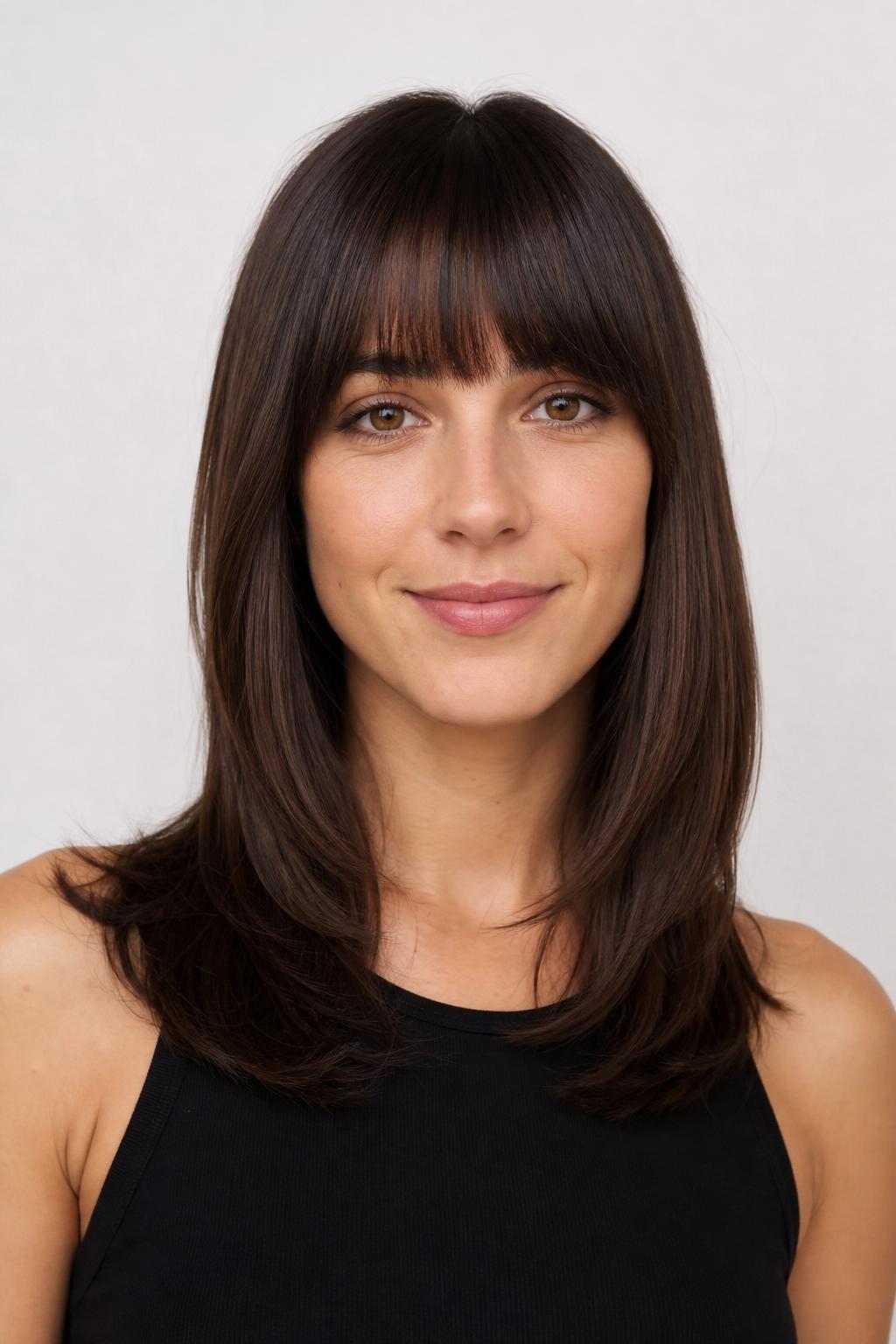 Smoothly Blow-Dried Rounded French Fringe on Glossy Dark Brown Hair