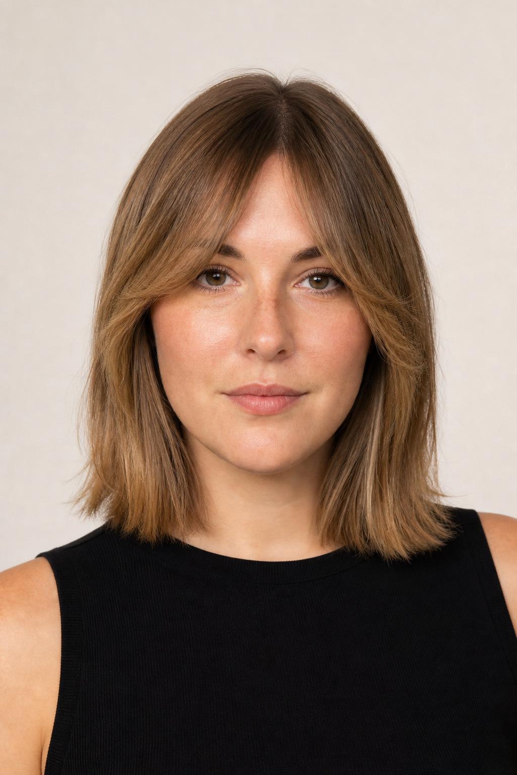 Longer Center-Parted French Fringe with Cheekbone Pieces on Round Face