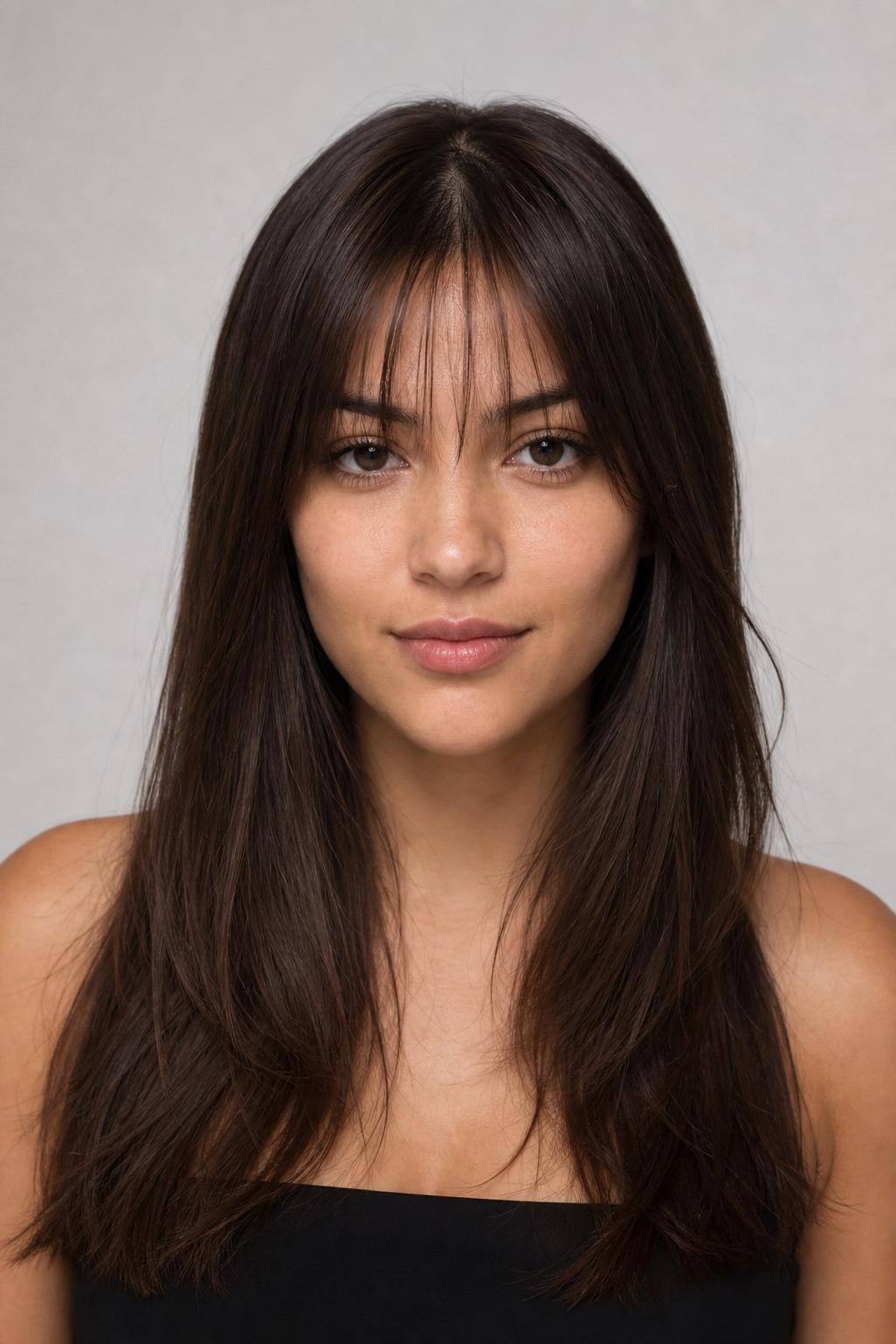 Sheer See-Through French Fringe with Visible Gaps on Straight Dark Brown Hair