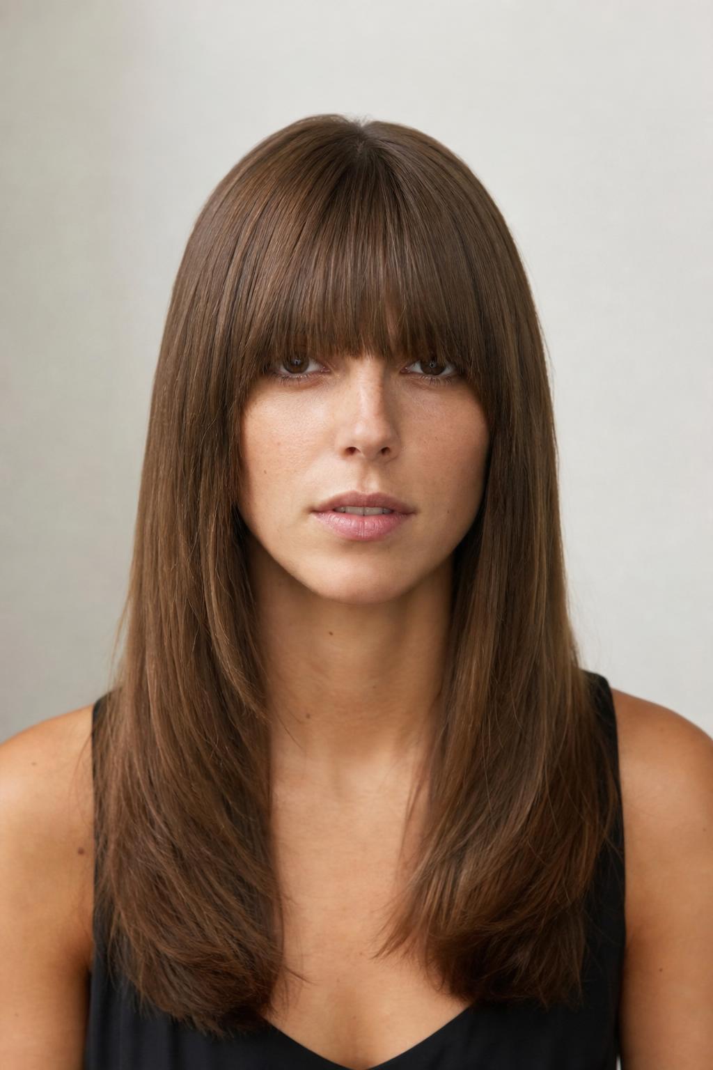 Full 1970s-Style Fringe Falling into the Lashes on Long Straight Brown Hair