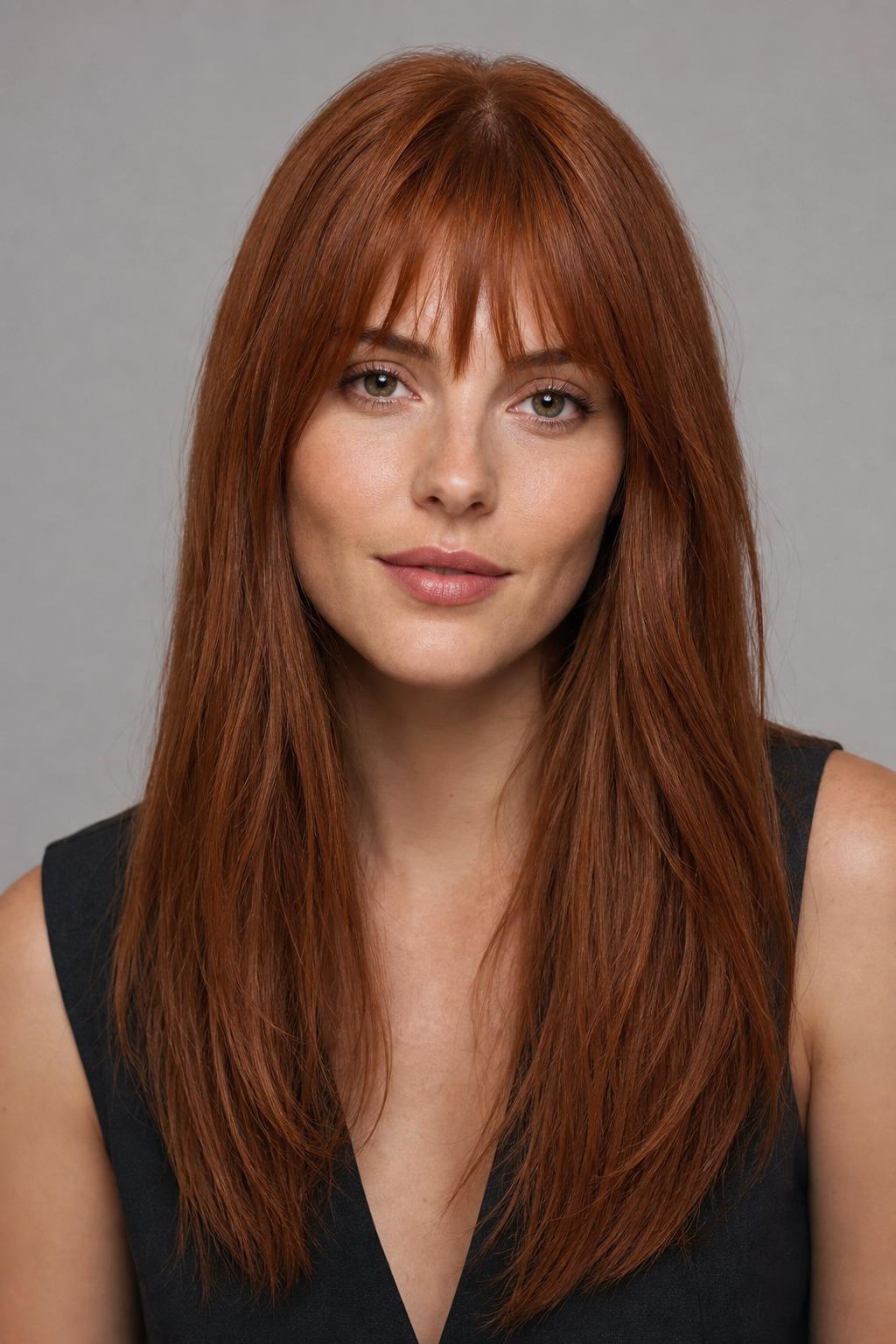 Softly Layered French Fringe with Broken Ends on Long Auburn Hair