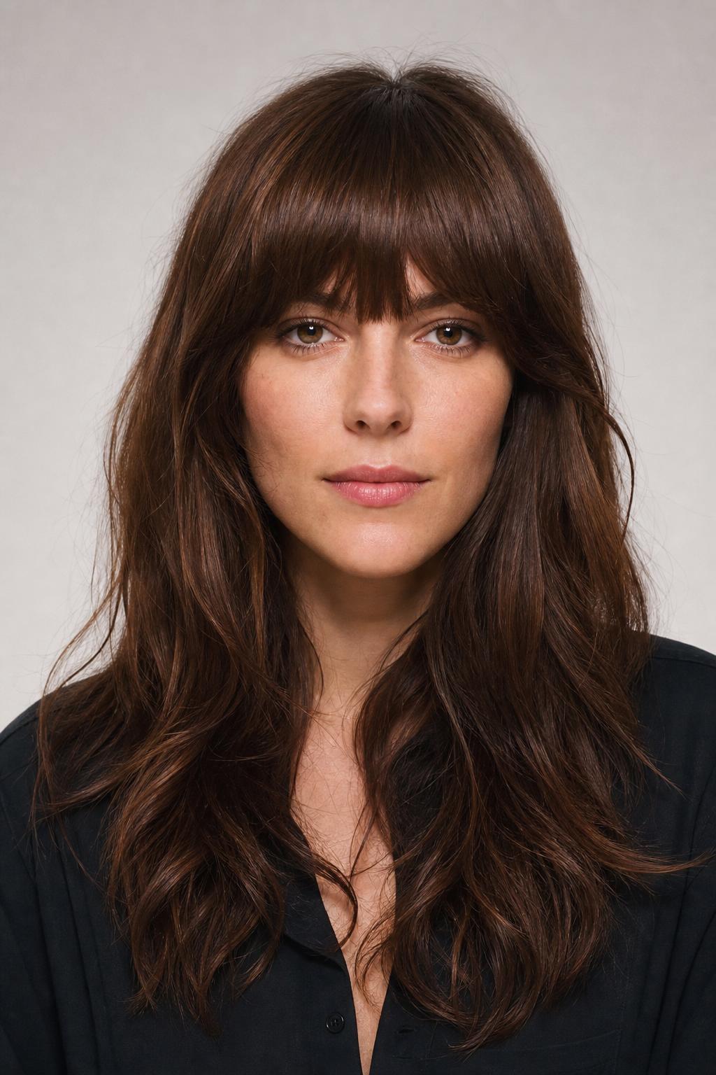 Full French Fringe Close Across the Forehead on Long Chestnut Wavy Hair