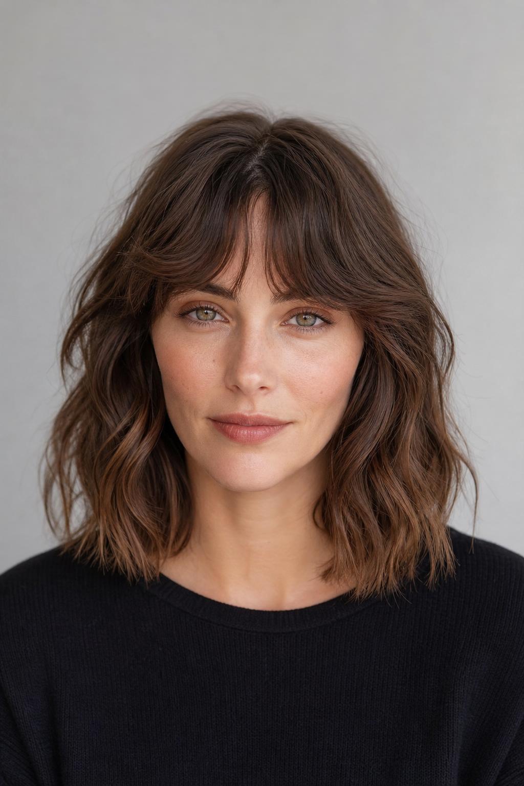 French Fringe with Natural Wavy Bend on Collarbone-Length Medium Brown Hair