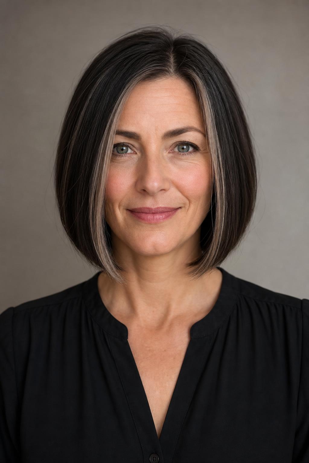 Chin-Length Espresso Bob with Frosted Ash Face-Framing Slices on Fine Hair