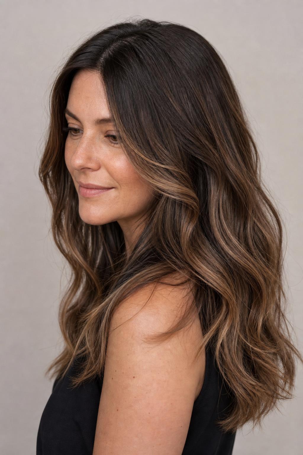 Iced Espresso Balayage with Cool Cappuccino Ribbons Through the Mid-Lengths
