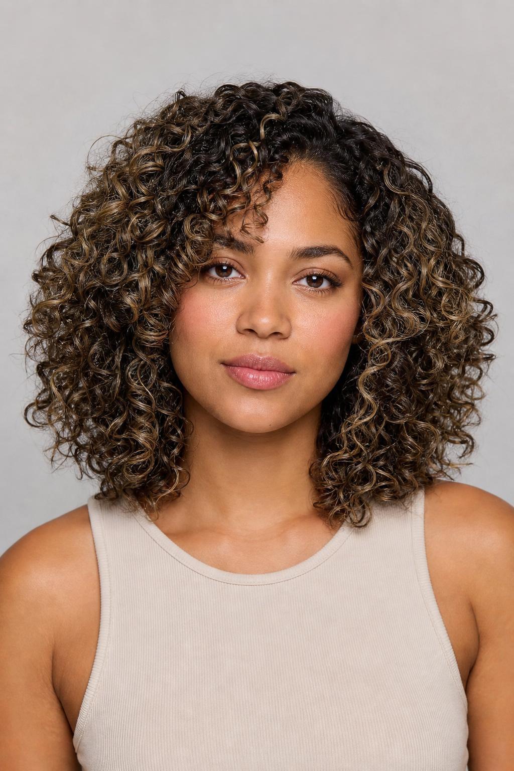Frosted Cool-Beige Balayage Lighting Up Espresso Curly Hair