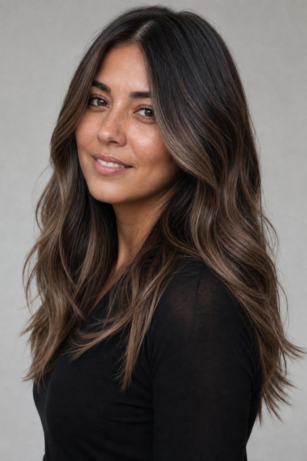 Espresso Hair with Muted Cool-Caramel Foilyage Flattering Warm Skin Tones