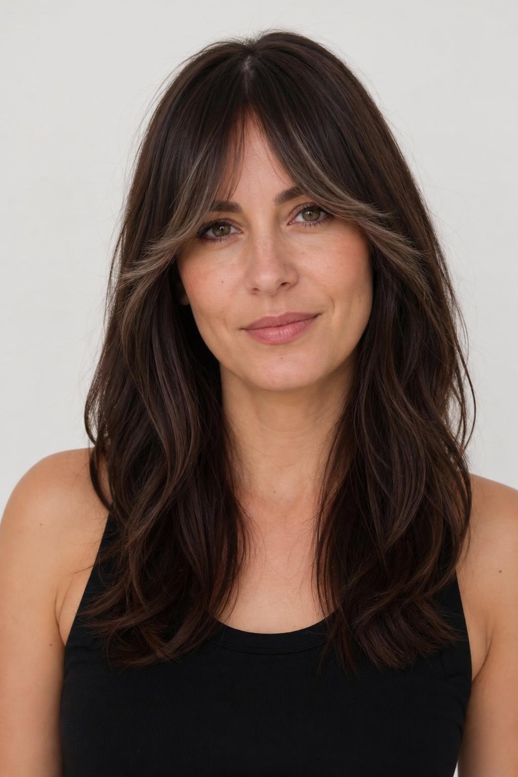 Espresso Hair with Curtain Bangs and Frosted Inner Edges Framing the Cheekbones