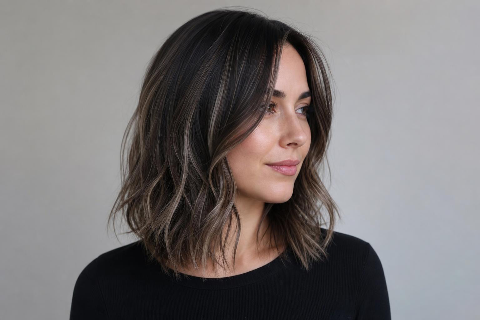 Frosted Espresso Hair with Cool Ash Highlights on a Deep Brown Base