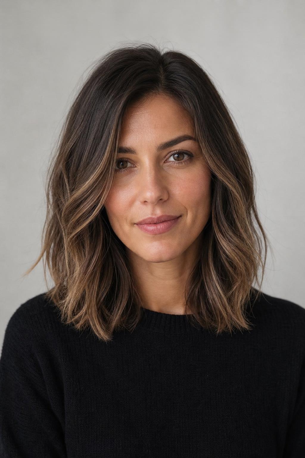 Espresso Hair with Cool Frosted Hazelnut Balayage Ribbons