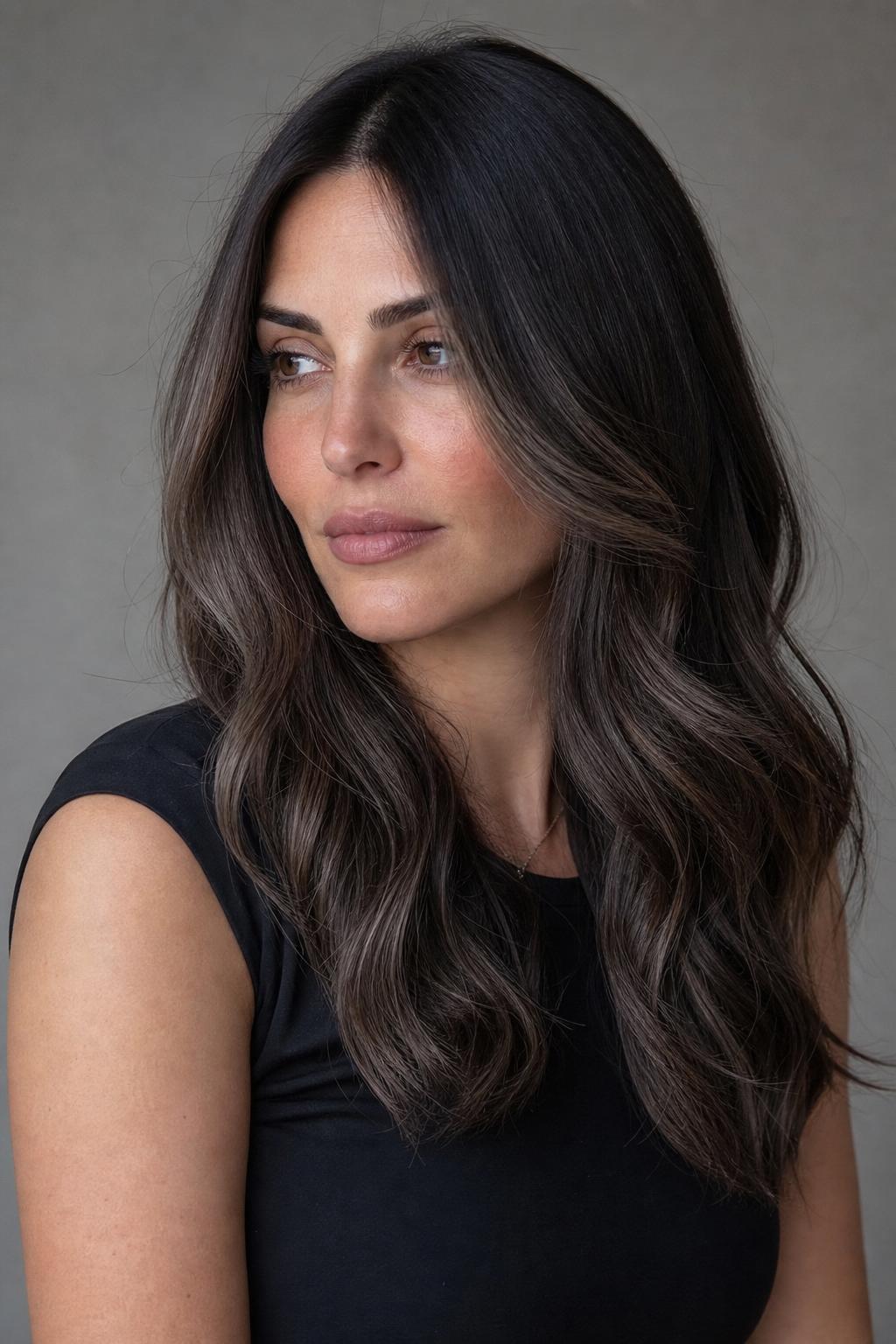 Cool Espresso Hair with Gray-Leaning Mushroom-Brown Foilyage