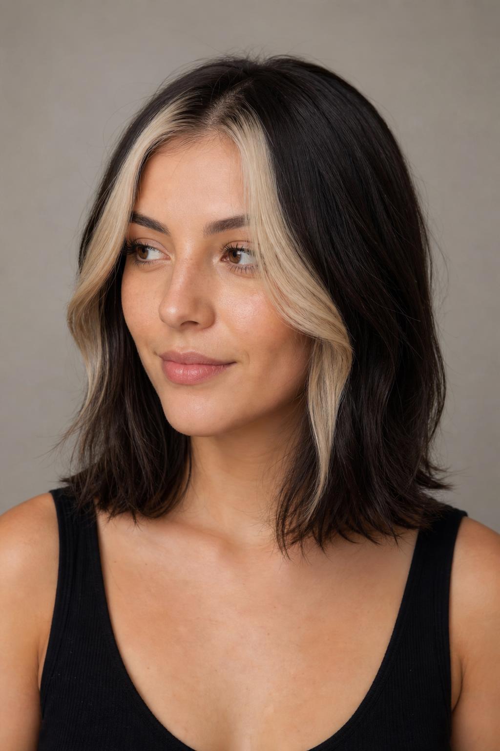 Deep Espresso Hair with a Bright Platinum Money Piece for High Contrast