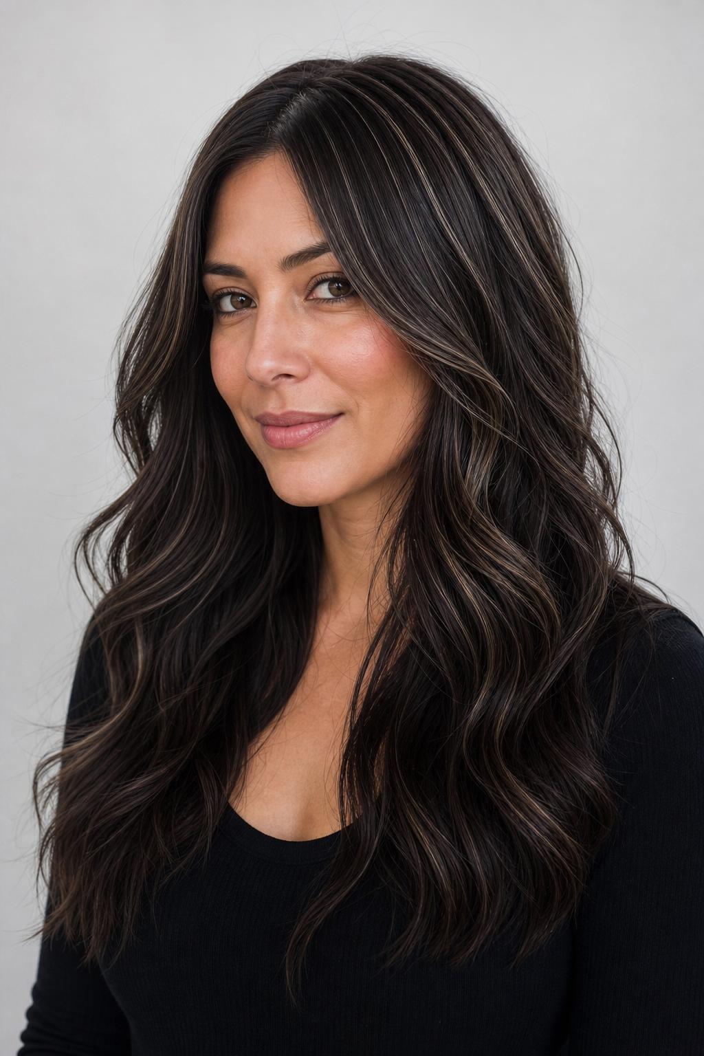 Espresso Hair with Fine Silver-Toned Babylights Concentrated Through the Crown