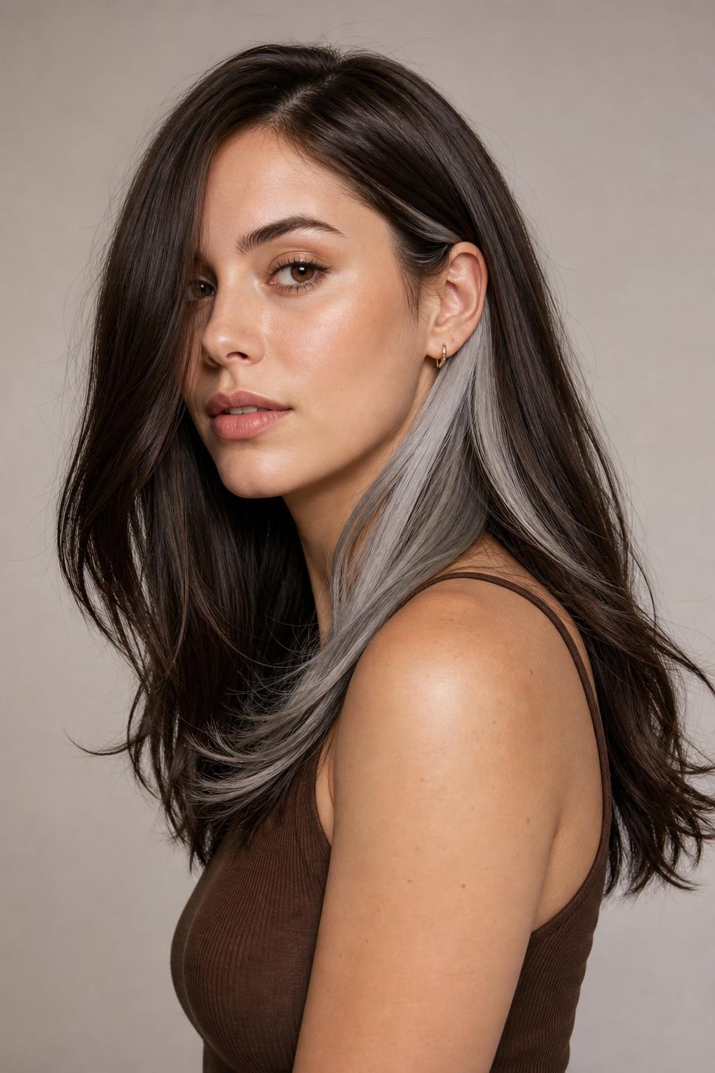 Espresso Hair with a Hidden Frosted Silver Peekaboo Panel in the Underlayer