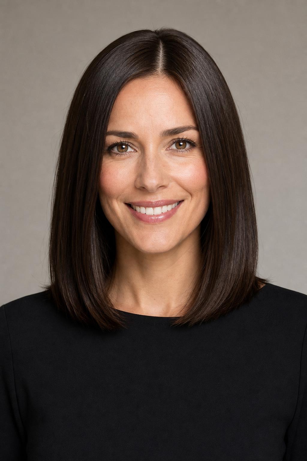High-Shine Espresso Brunette Blowout with Mirror-Like Gloss on Straight Hair