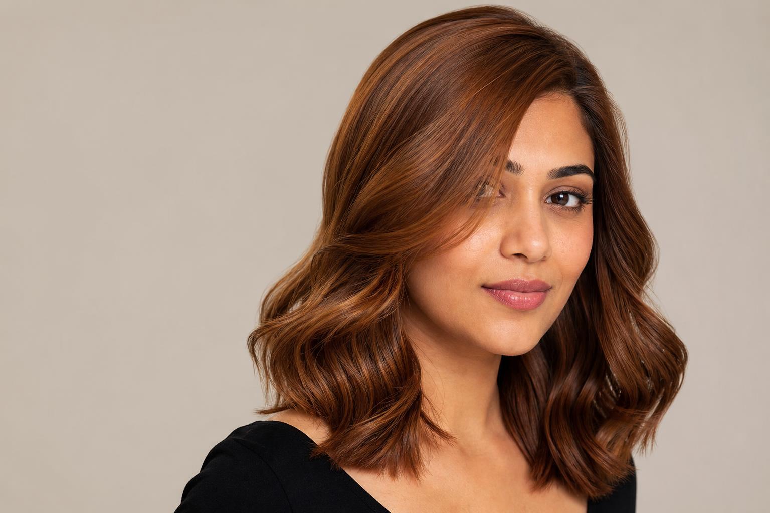 Golden Auburn Hair with Warm Red-Brown Depth and Bright Golden Shimmer on Loose Glossy Waves