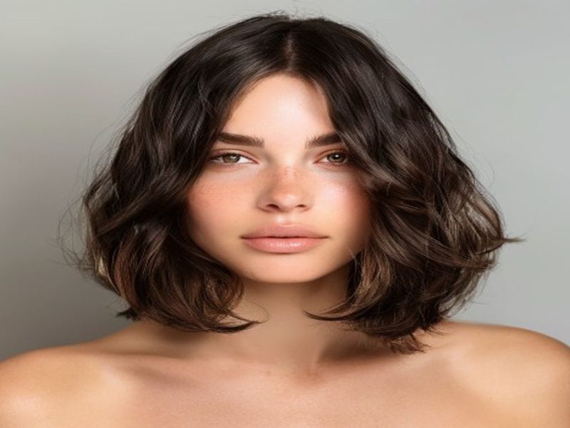 Long Wavy 2C Haircut with Face-Framing Layers and Curtain Bangs on Brunette Hair