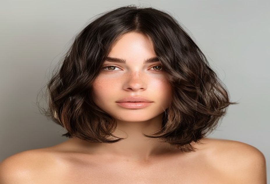 Long Wavy 2C Haircut with Face-Framing Layers and Curtain Bangs on Brunette Hair