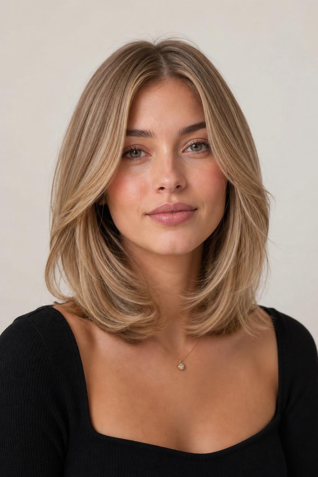 Honey Beige Blonde Babylights with Fine Sun-Kissed Dimension on Shoulder-Length Hair