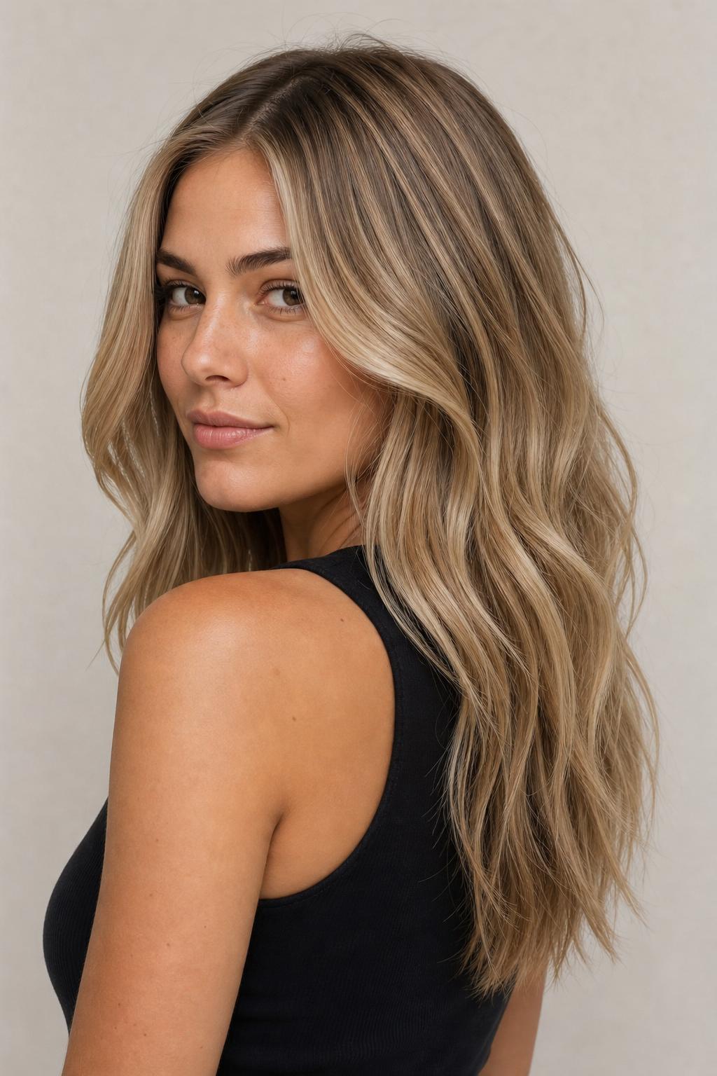 Honey Beige Blonde Beach Waves with Soft Dimension on Long Layered Hair
