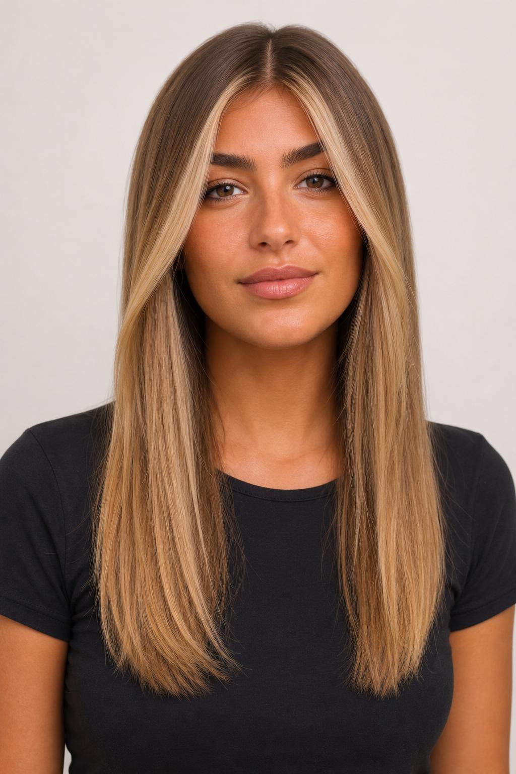Honey Beige Blonde with Bright Contrasting Money Piece on Center-Parted Long Hair