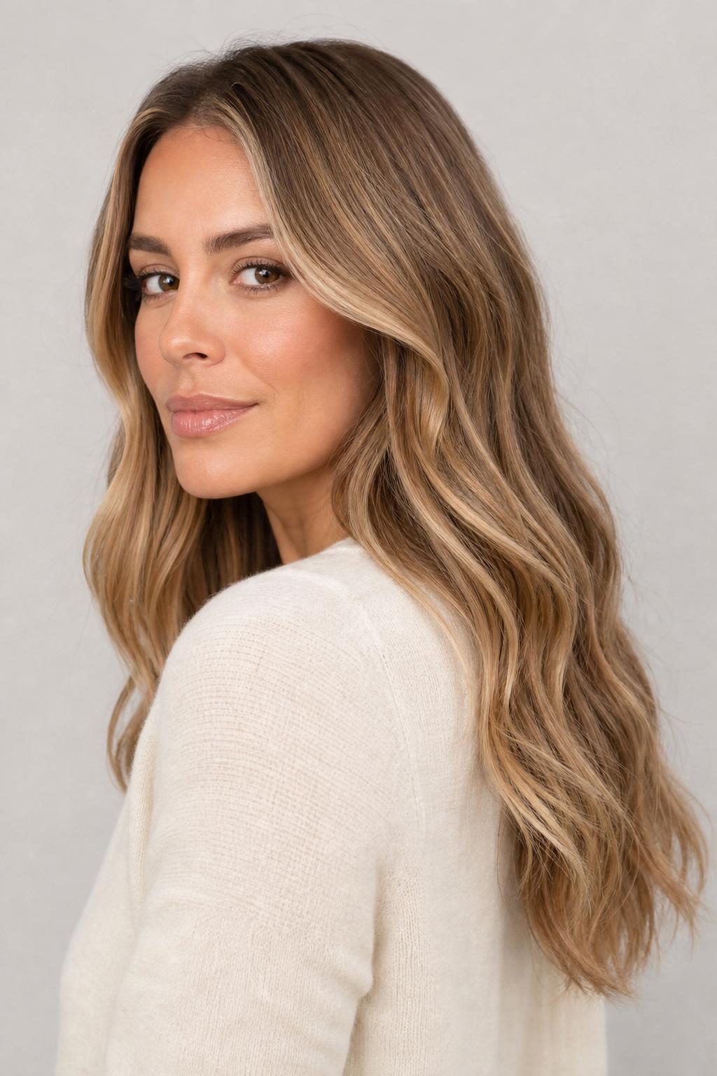 Honey Beige Blonde Blended with Warm Caramel Lowlights on Long Wavy Hair