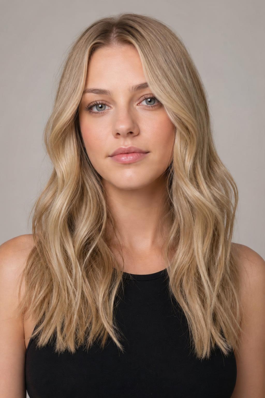 Cool-Beige Honey Blonde with Neutral Toner on Fair Skin and Long Waves