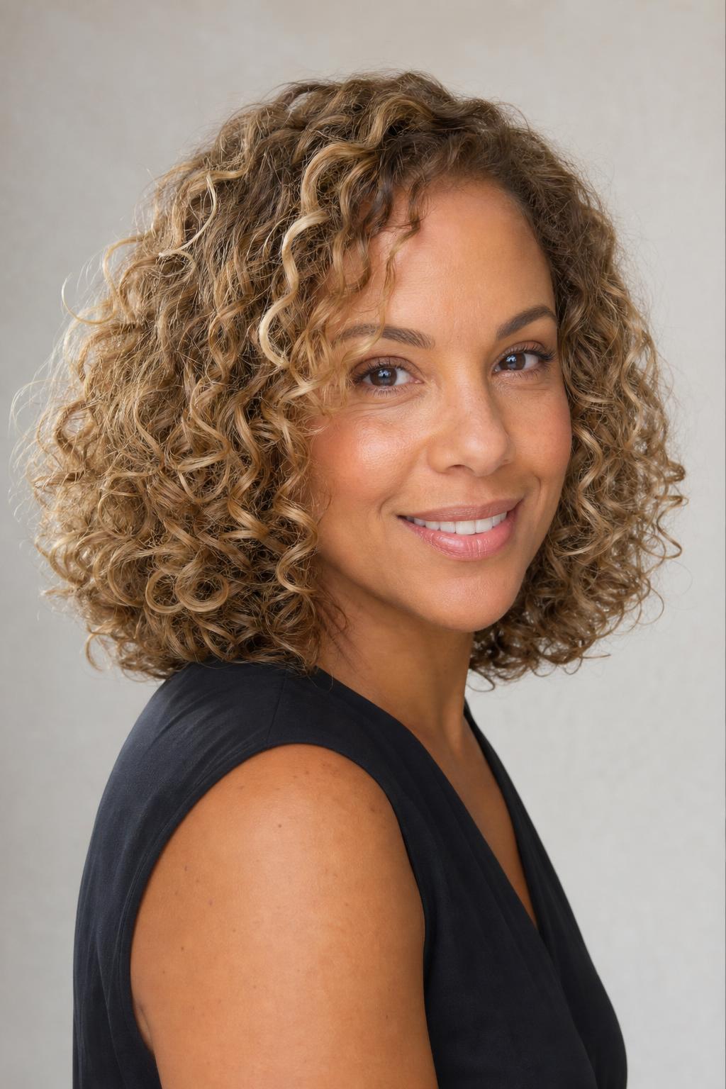 Honey Beige Blonde Highlights on Natural Curls with Soft Warm Dimension