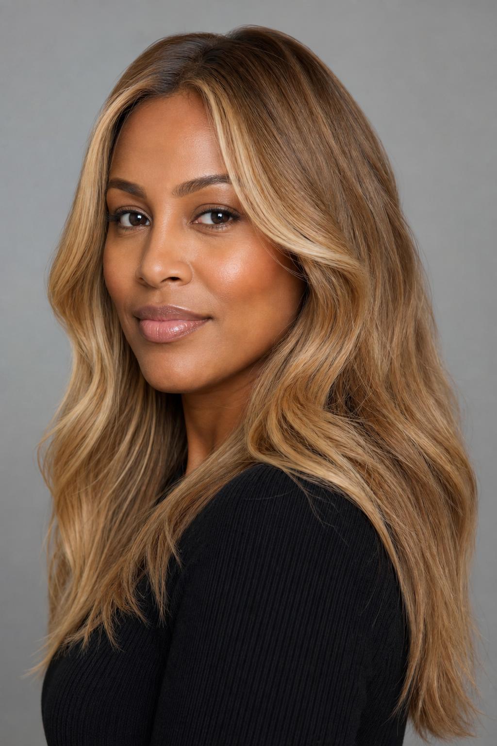 Rich Honey Beige Blonde on Deep Golden Skin with Face-Framing Brightness